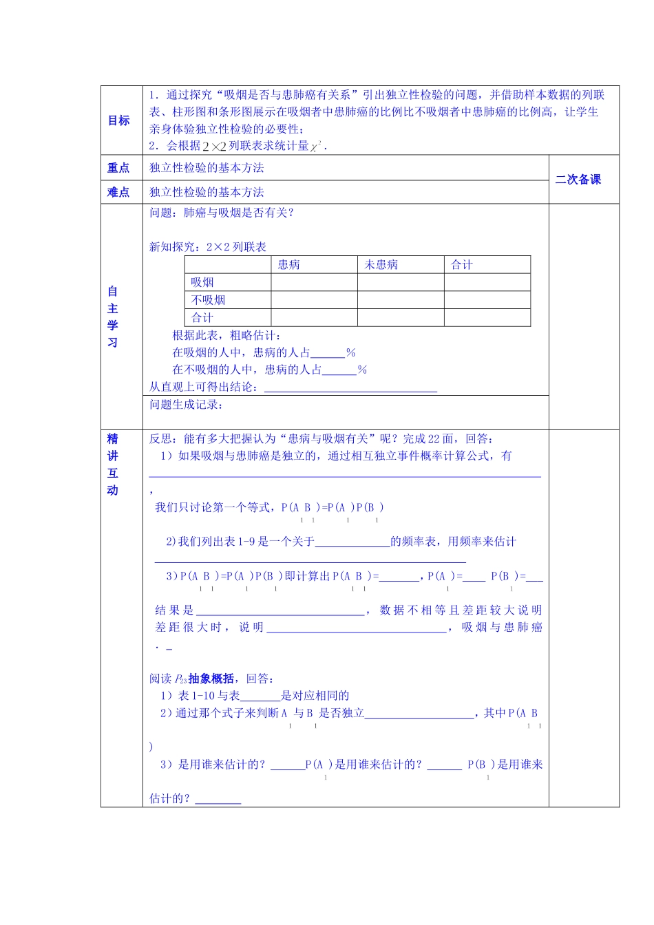 陕西省西安交大阳光中学高中数学 1.2.2 独立性检验学案 新人教版选修1-2_第1页
