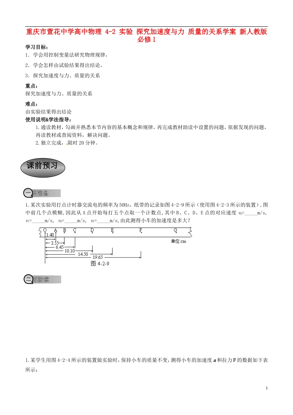 重庆市萱花中学高中物理 4-2 实验 探究加速度与力 质量的关系学案 新人教版必修1_第1页