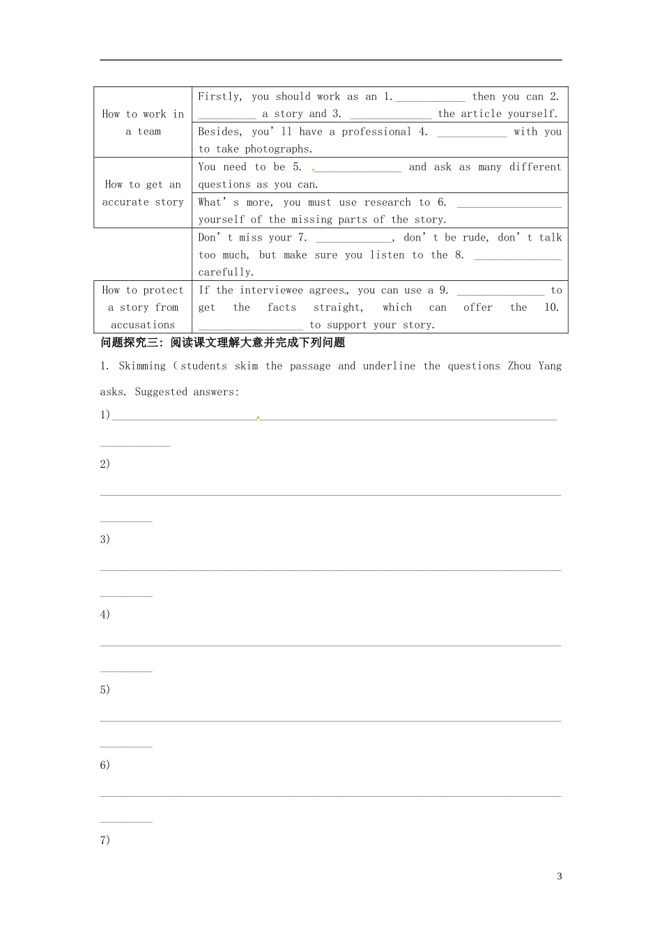 陕西省榆林市育才中学高中英语 Unit 1 Warming up and reading学案 新人教版必修5_第3页