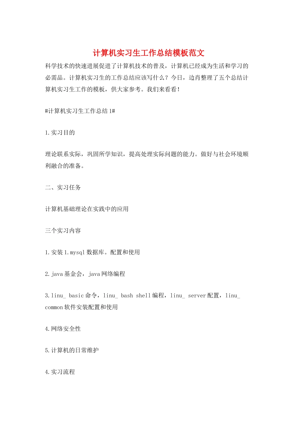 计算机实习生工作总结模板范文_第1页