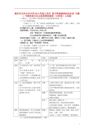 重庆市万州分水中学2014年高三历史 复习背诵基础知识必读 专题1 中国传统文化主流思想的演变（文科班）人民版