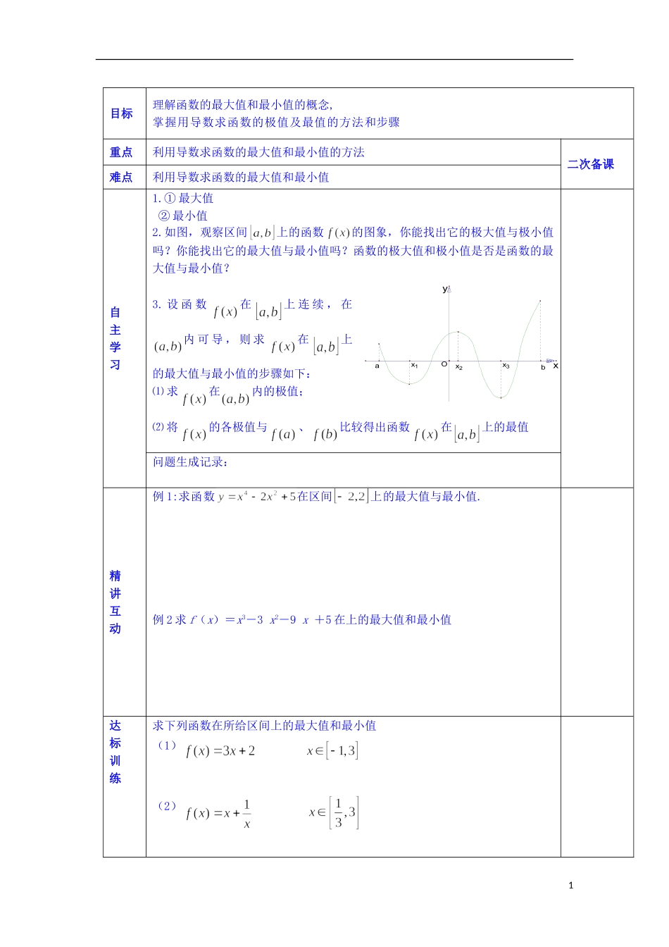 陕西省西安交大阳光中学高中数学 3.2.1 函数的最大（小）值（一）学案 新人教版选修2-2_第1页