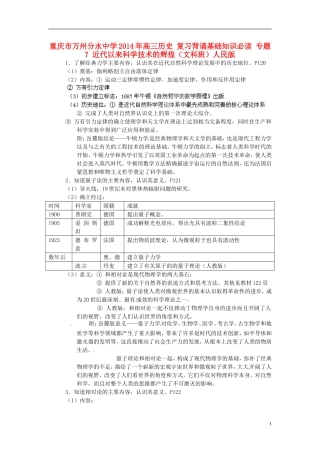 重庆市万州分水中学2014年高三历史 复习背诵基础知识必读 专题7 近代以来科学技术的辉煌（文科班）人民版