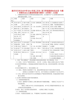 重庆市万州分水中学2014年高三历史 复习背诵基础知识必读 专题7 苏联社会主义建设的经验与教训（文科班）人民版