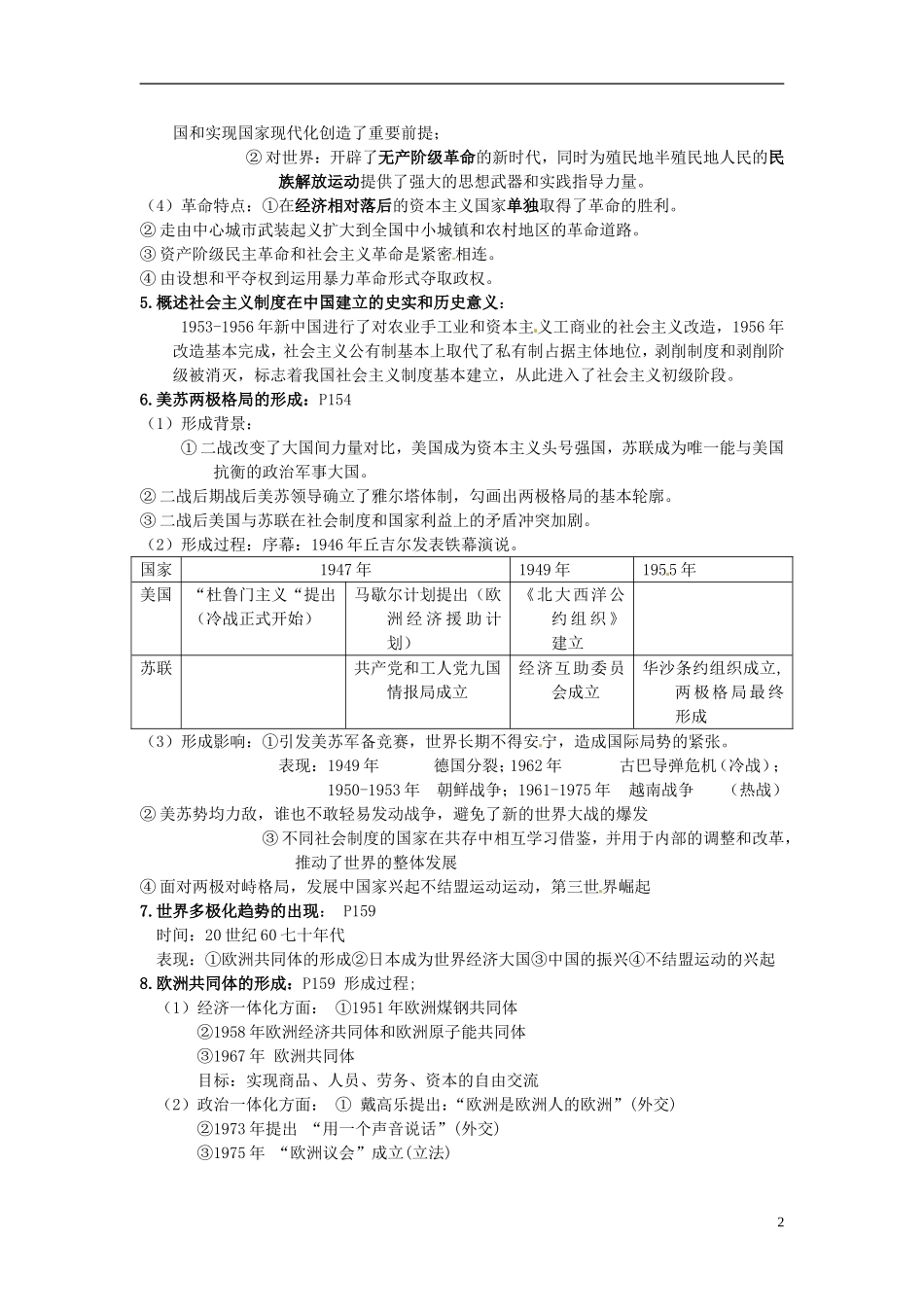 重庆市万州分水中学2014年高三历史 复习背诵基础知识必读 专题8、9 社会主义运动和当代国际格局的变化（文科班）人民版_第2页