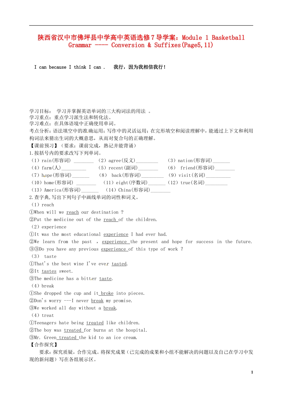 陕西省汉中市佛坪县中学高中英语 Module 1 Basketball Grammar ---- Conversion & Suffixes(Page5,11)导学案 新人教版选修7_第1页
