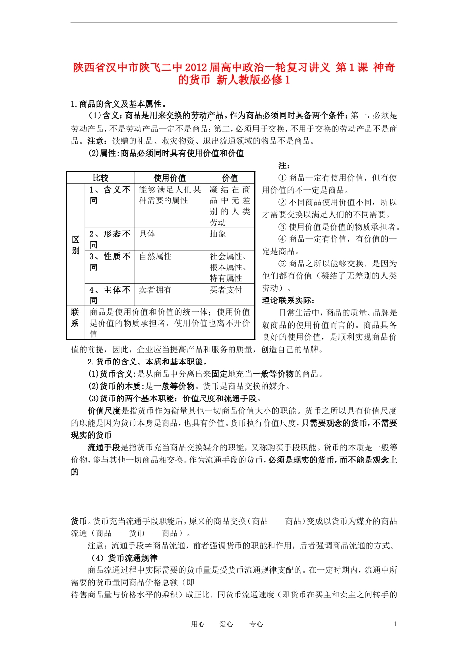 陕西省汉中市陕飞二中2012届高中政治一轮复习讲义 第1课 神奇的货币 新人教版必修1_第1页