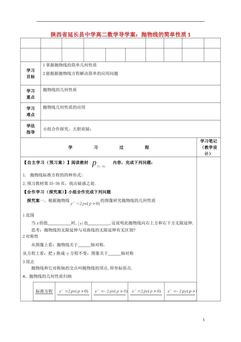 陕西省延长县中学高二数学 抛物线的简单性质1导学案_第1页