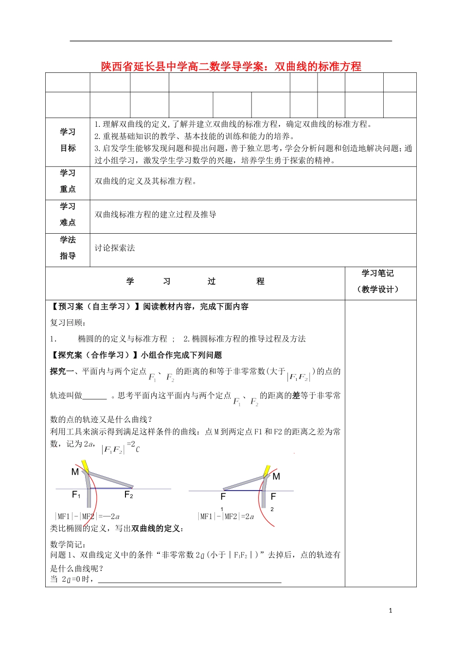 陕西省延长县中学高二数学 双曲线的标准方程导学案_第1页