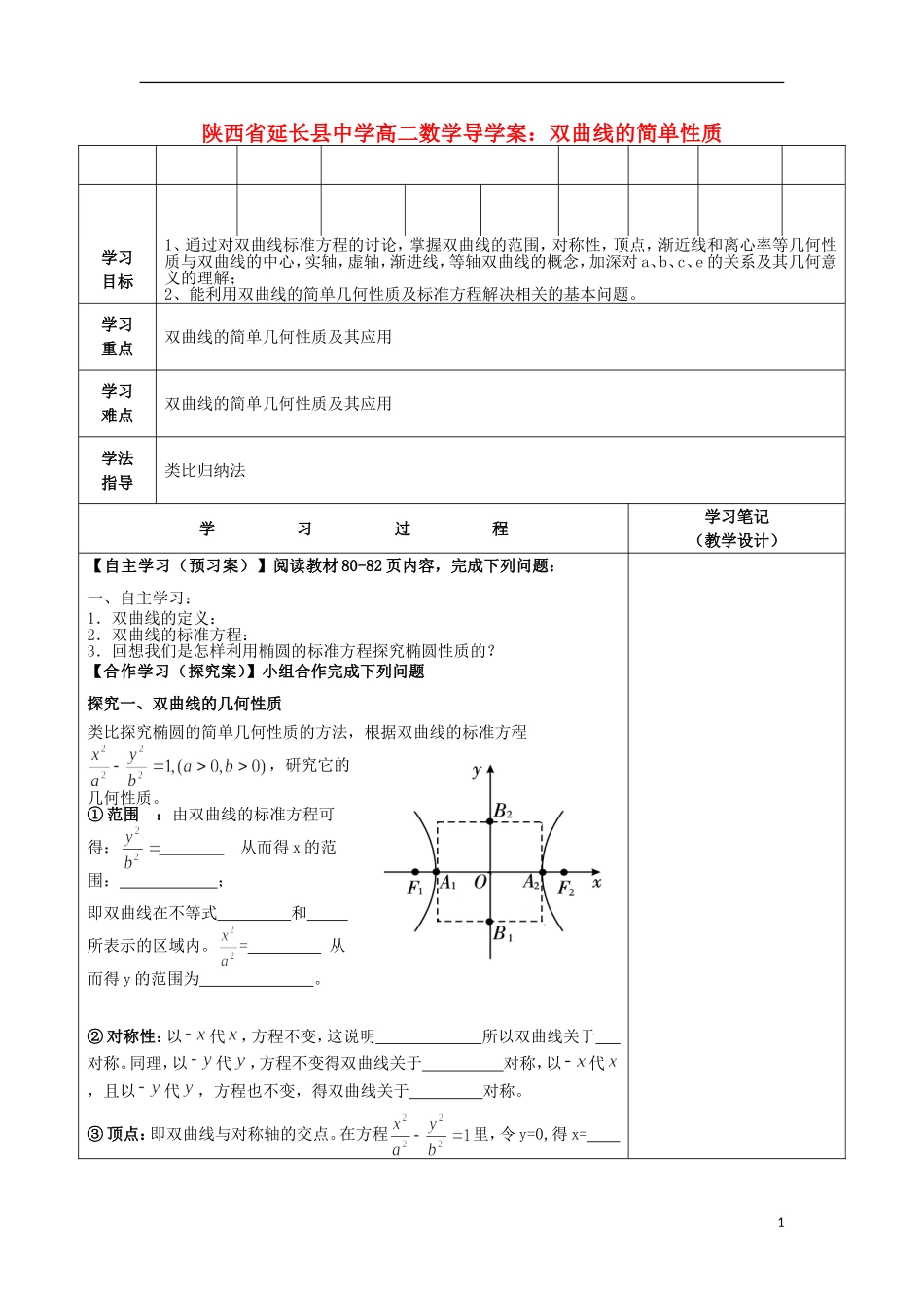 陕西省延长县中学高二数学 双曲线的简单性质导学案_第1页