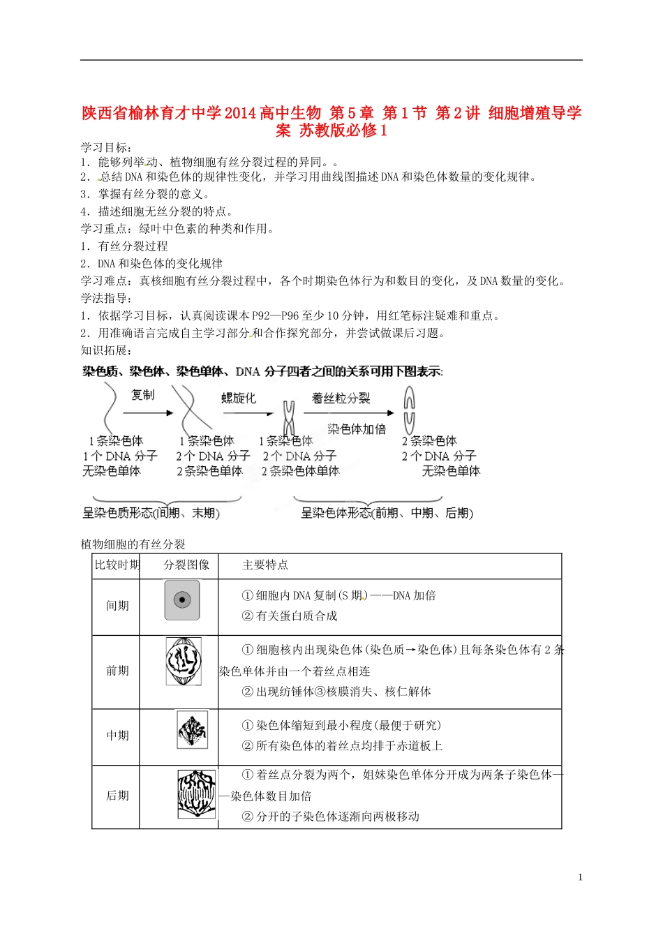 陕西省榆林育才中学2014高中生物 第5章 第1节 第2讲 细胞增殖导学案 苏教版必修1_第1页