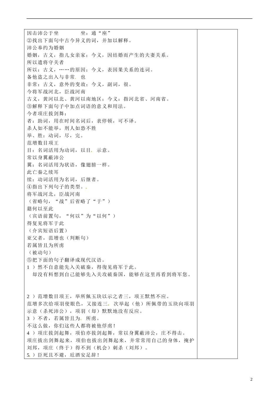 陕西省咸阳市泾阳县云阳中学高中语文  鸿门宴2学案 新人教版必修1  _第2页