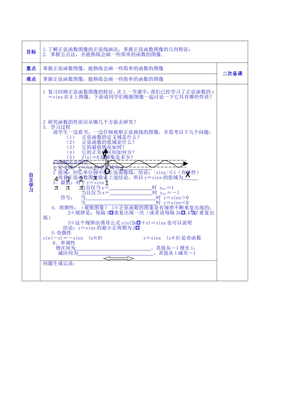 陕西省西安交大阳光中学高中数学 第一章 正弦函数图像学案 新人教版必修4_第2页