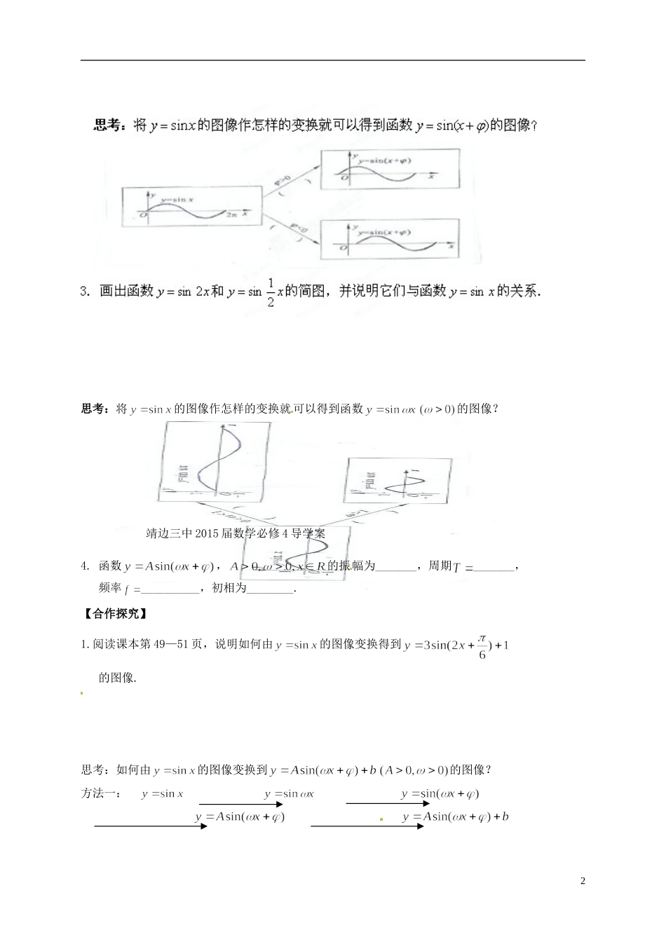 陕西省榆林育才中学高中数学 第1章《三角函数》8函数的图像（1）导学案 北师大版必修4_第2页