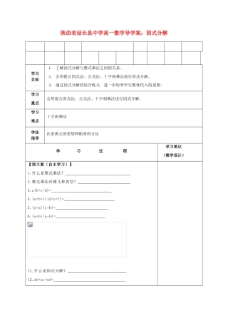 陕西省延长县中学高一数学 因式分解导学案