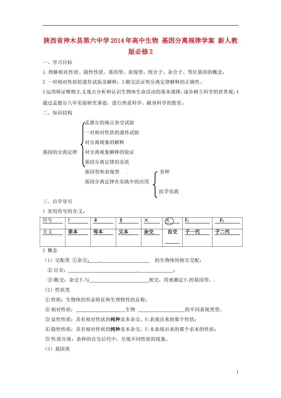 陕西省神木县第六中学2014年高中生物 基因分离规律学案 新人教版必修2_第1页