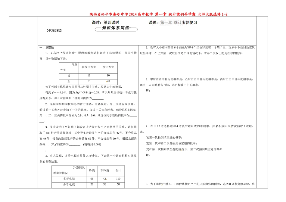 陕西省兴平市秦岭中学2014高中数学 第一章 统计案例导学案 北师大版选修1-2_第1页