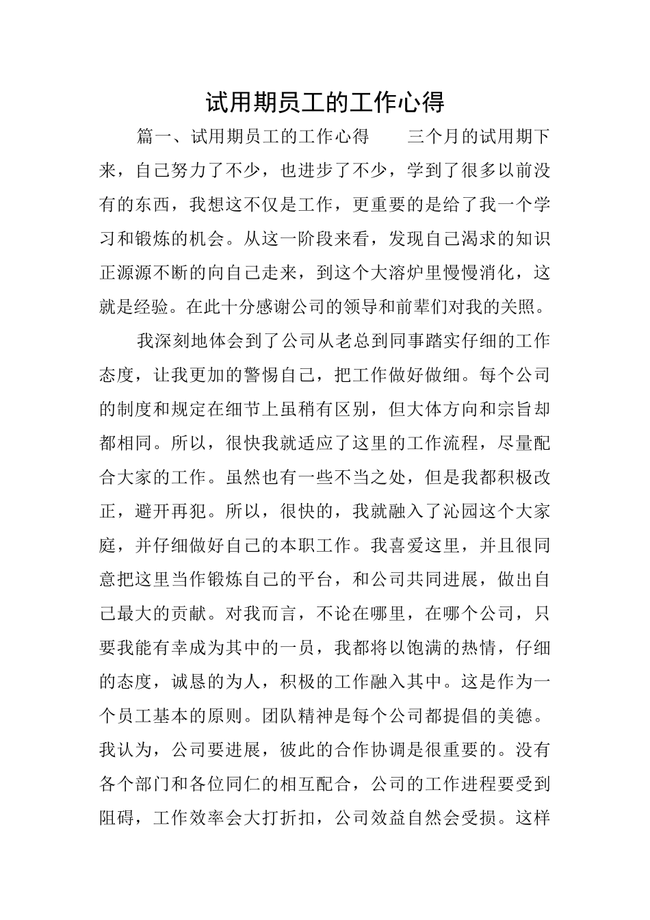 试用期员工的工作心得_第1页