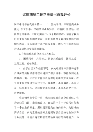 试用期员工转正申请书自我评价
