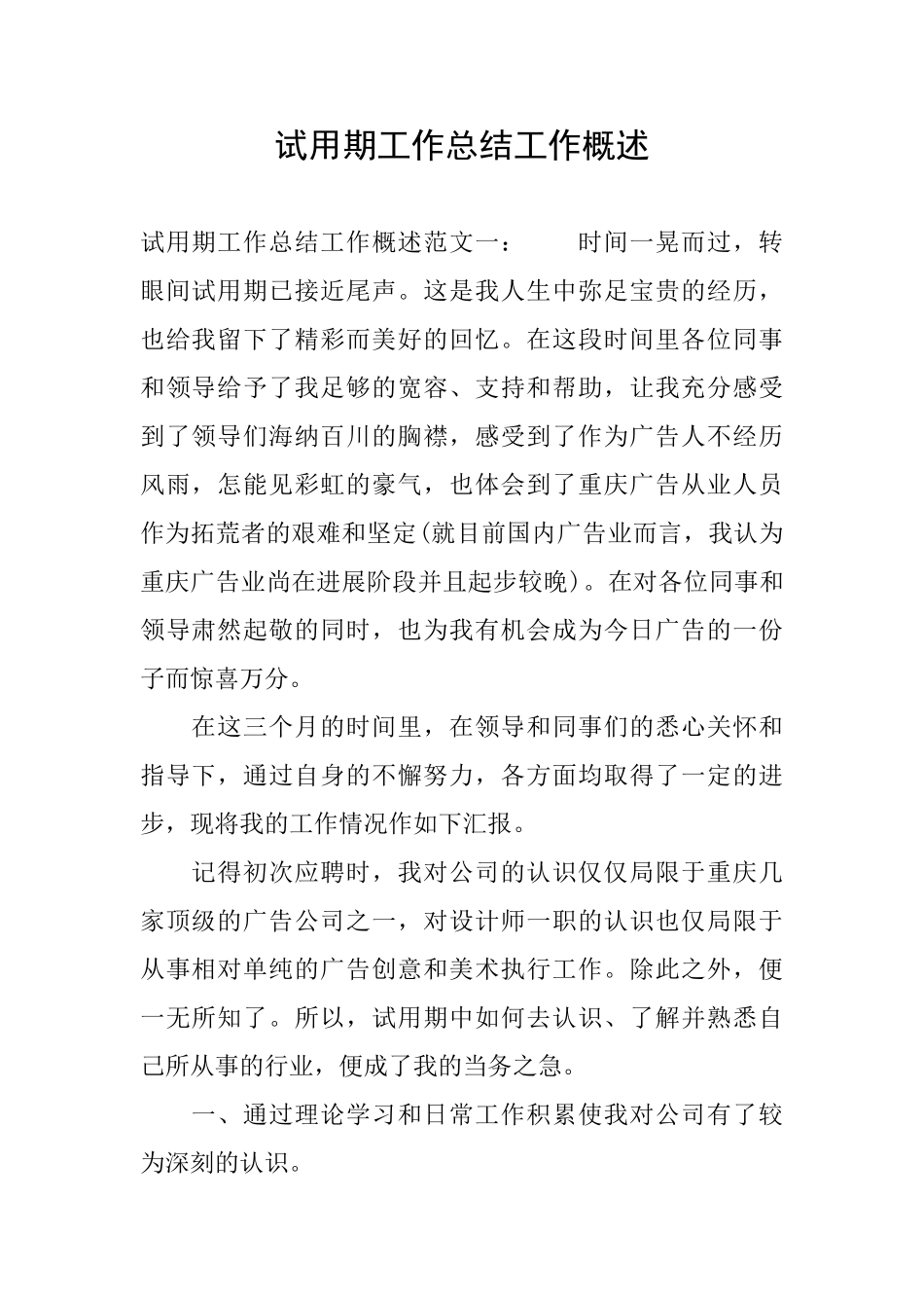 试用期工作总结工作概述_第1页