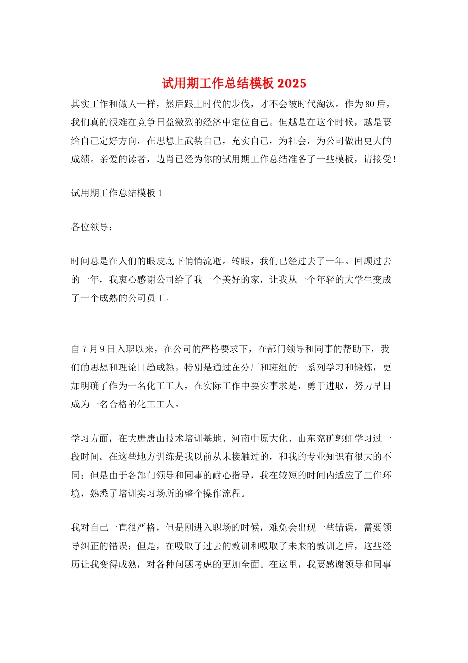 试用期工作总结模板2025_第1页