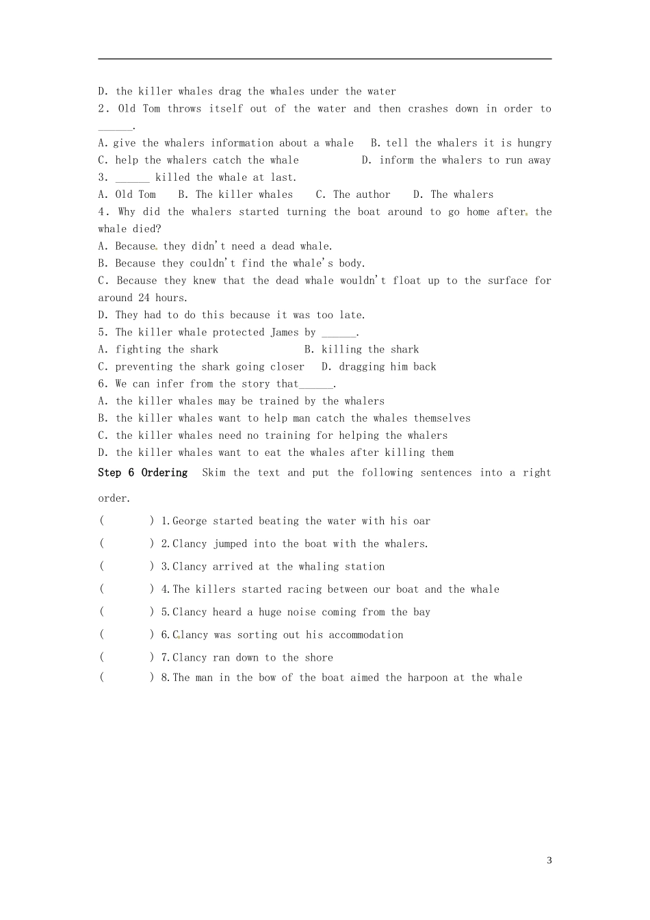 陕西省榆林育才中学高中英语 Unit 3 Under the sea 阅读理解导学案 新人教版选修7_第3页