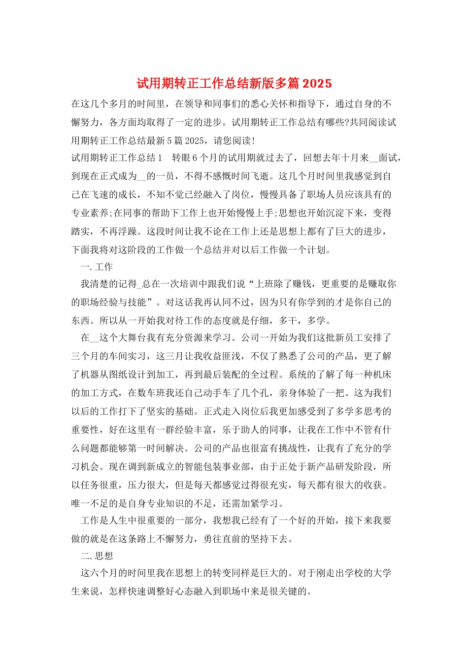 试用期转正工作总结新版多篇2025_第1页