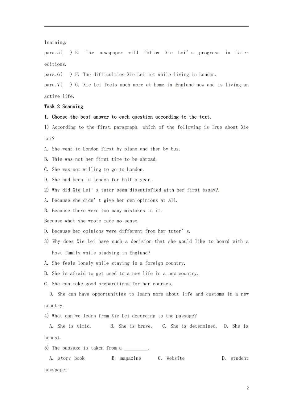 陕西省榆林育才中学高中英语 Unit 5 Travelling abroad 阅读理解导学案 新人教版选修7_第2页