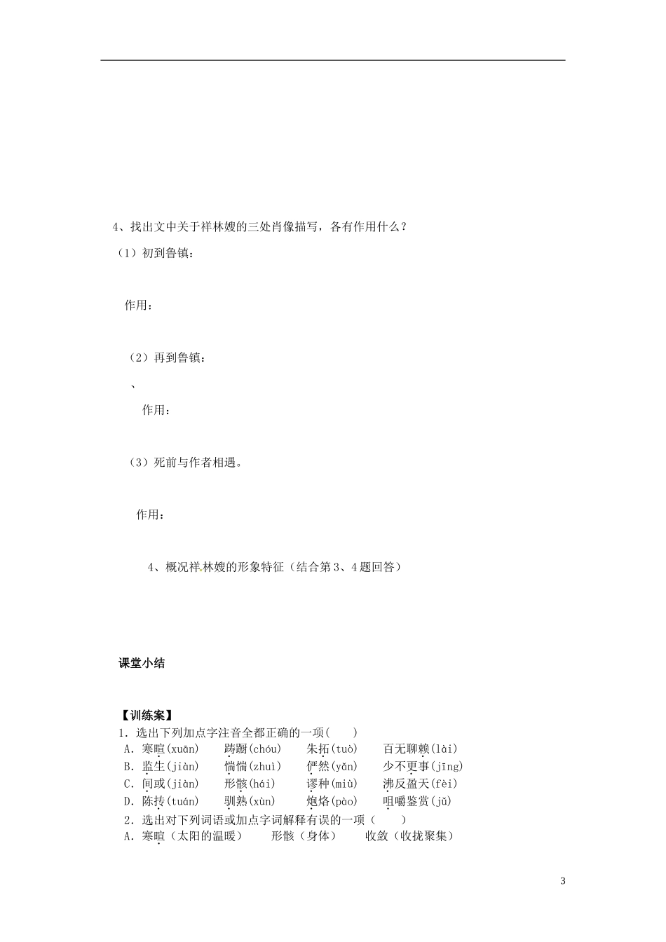 陕西省榆林育才中学高中语文《祝福》教学案 新人教版必修3_第3页