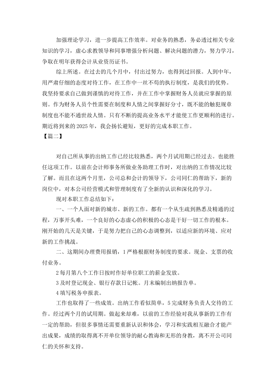 财务出纳岗位试用期工作总结_第2页