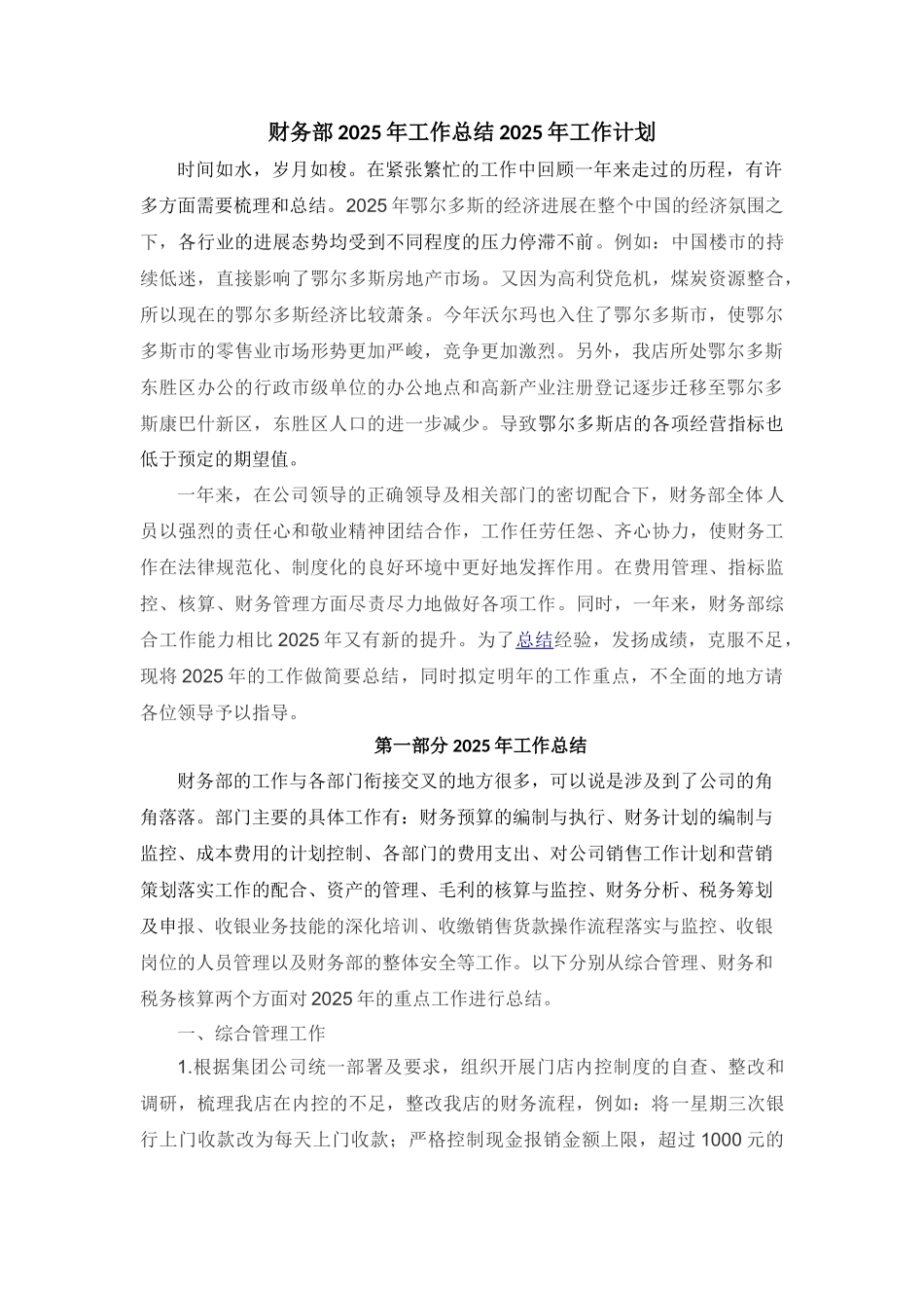 财务部2025年工作总结及2025年工作计划_第1页