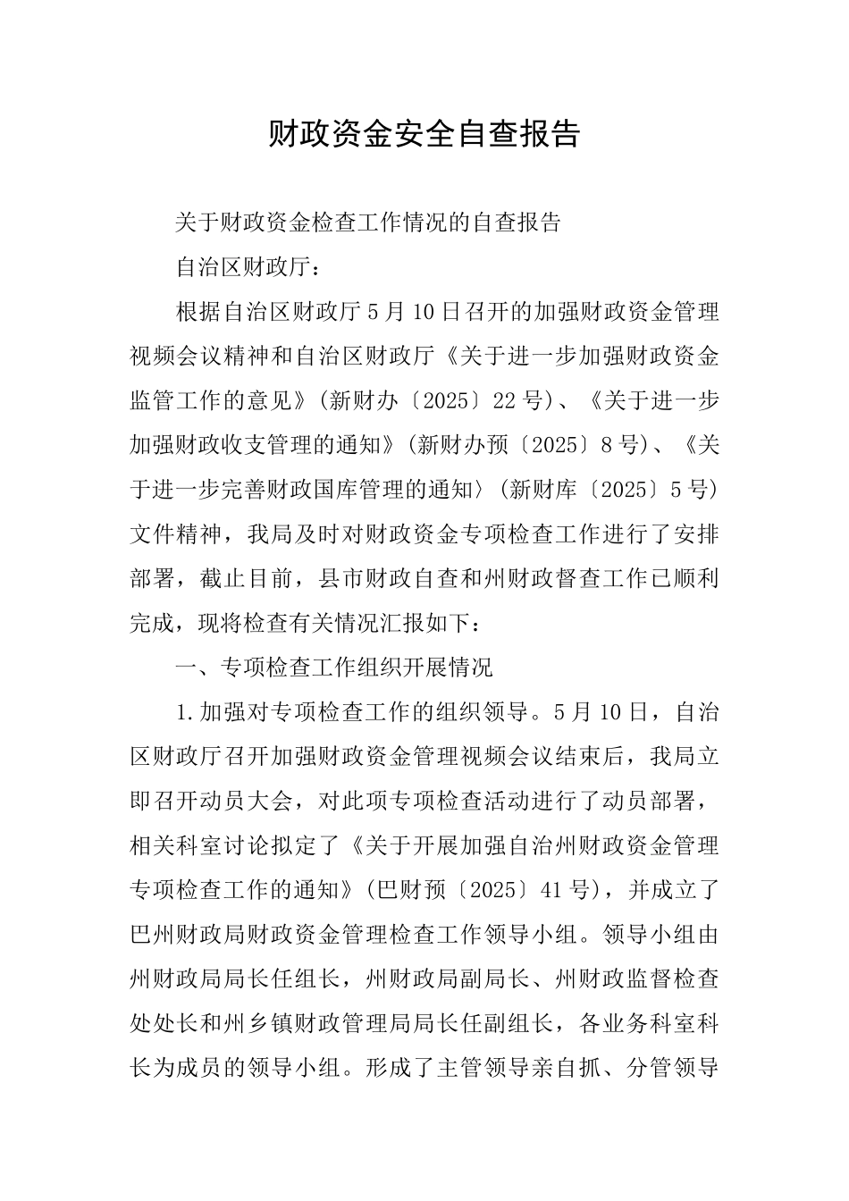 财政资金安全自查报告_第1页