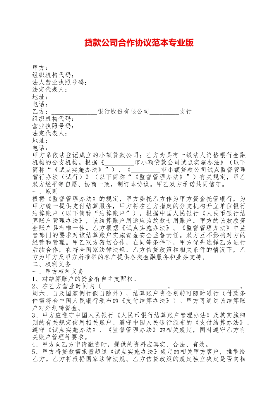 贷款公司合作协议范本专业版——范本_第1页