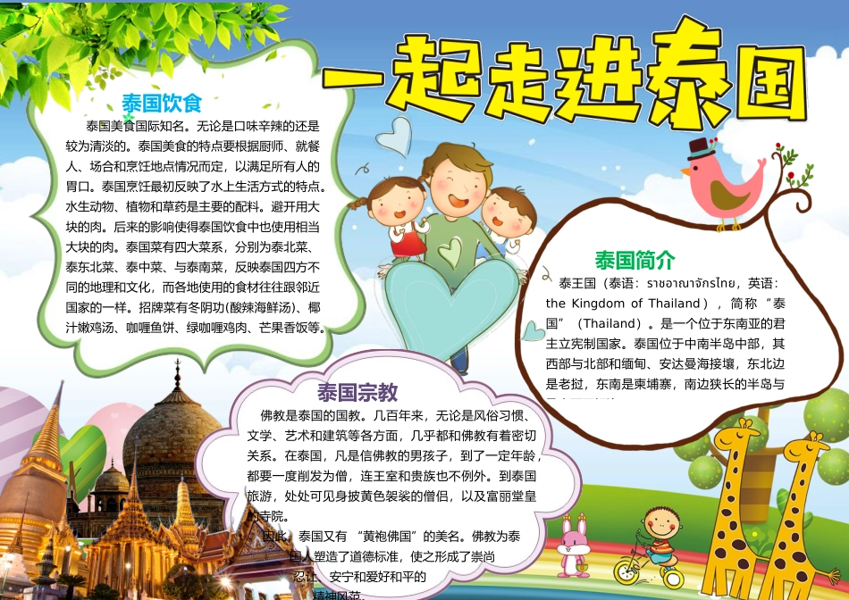 走进泰国旅游小报手抄报word模板_第1页