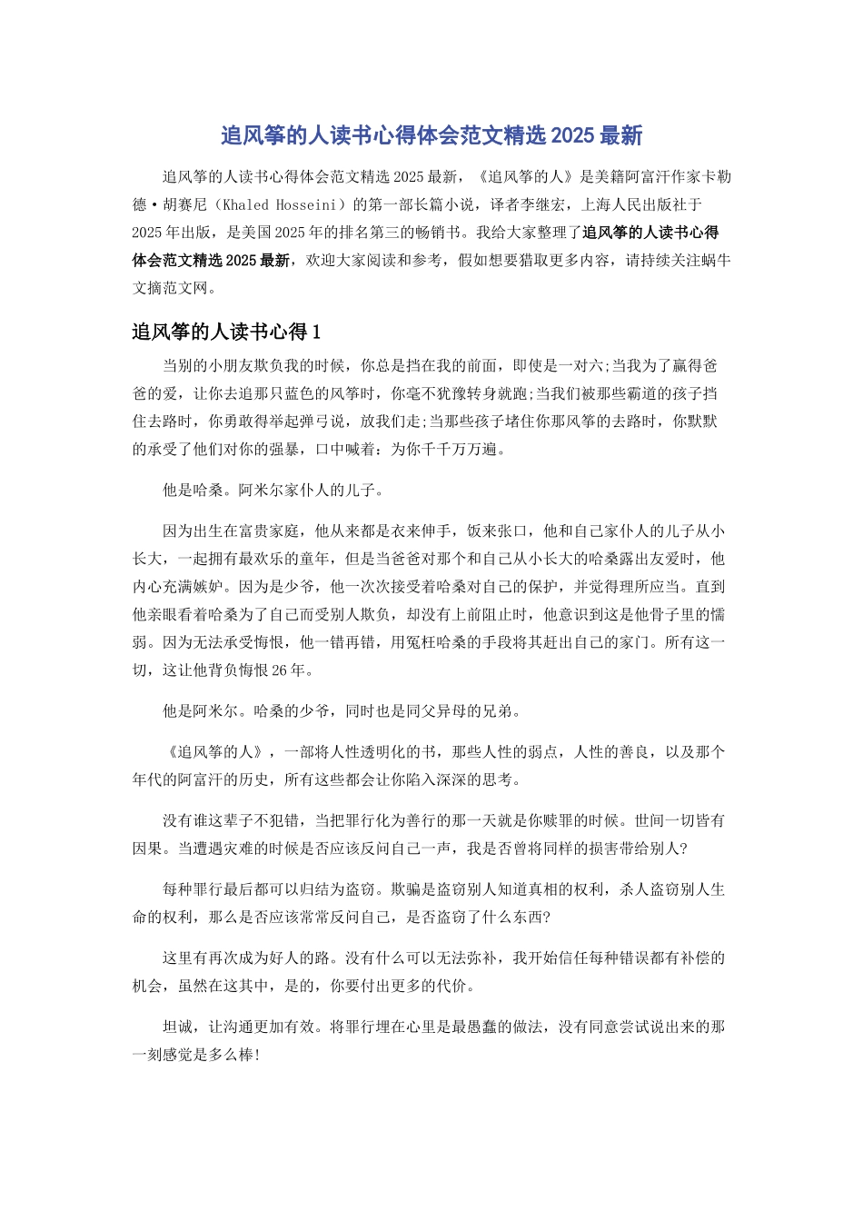 追风筝的人读书心得体会范文精选2025最新_第1页