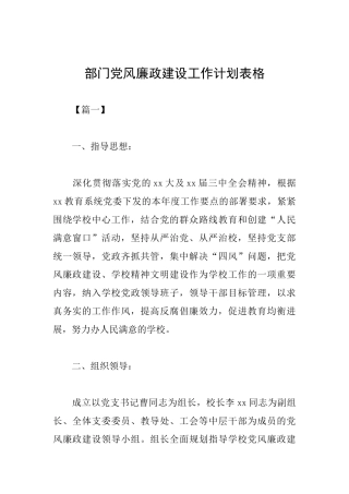 部门党风廉政建设工作计划表格