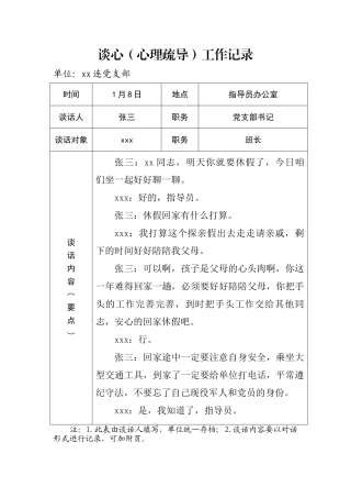 部队谈心谈话心理疏导记录1