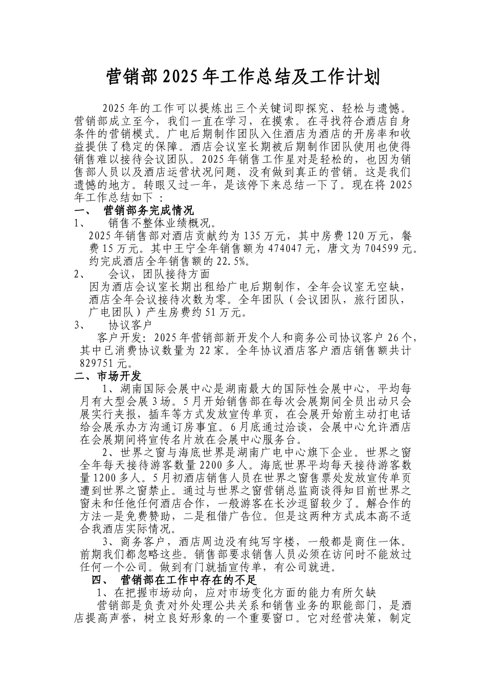 酒店营销部2025年工作总结_第1页