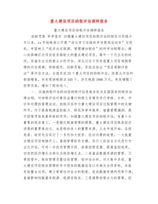 重大建设项目纳税评估调研报告