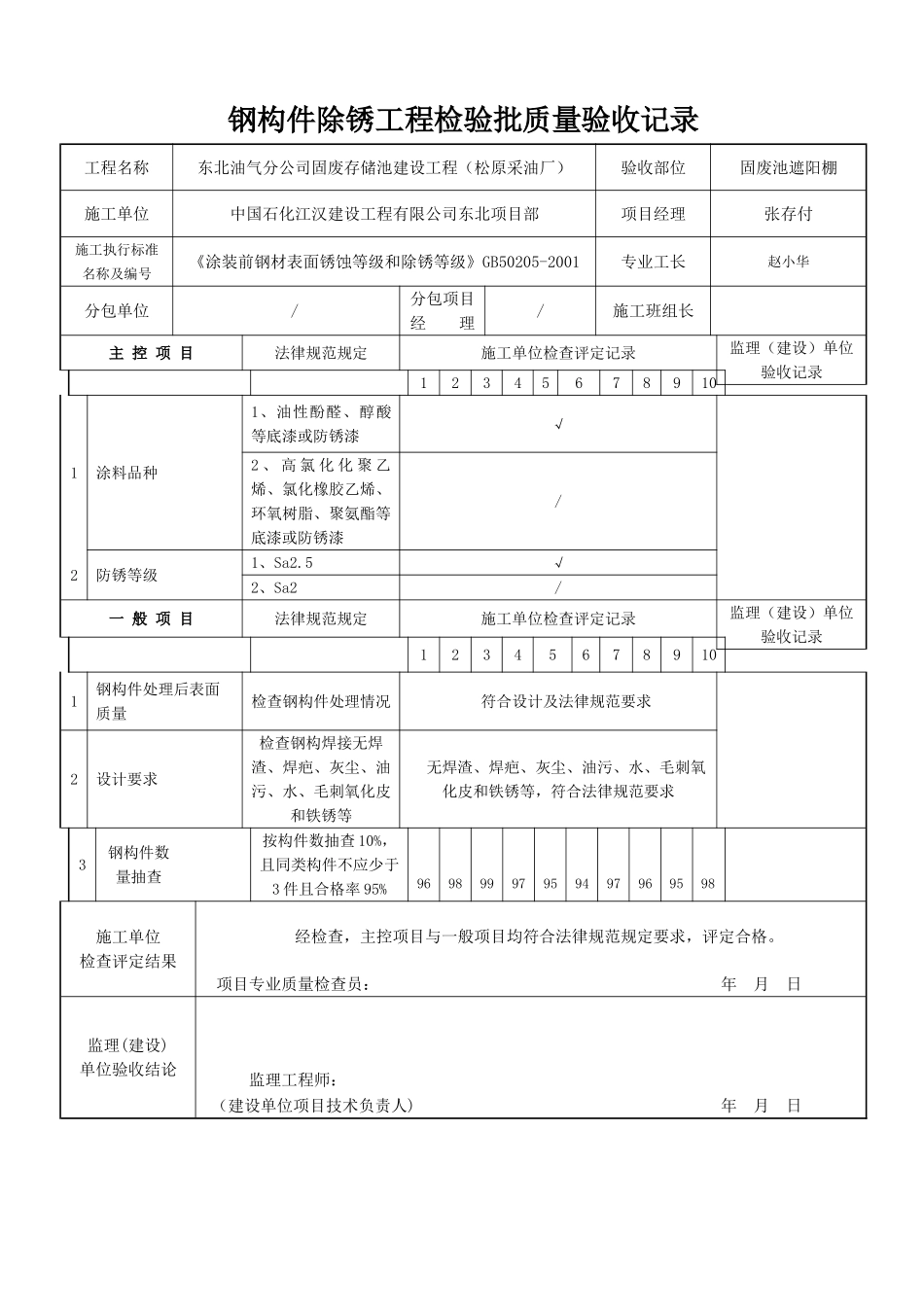 钢构件除锈工程检验批质量验收记录_第1页