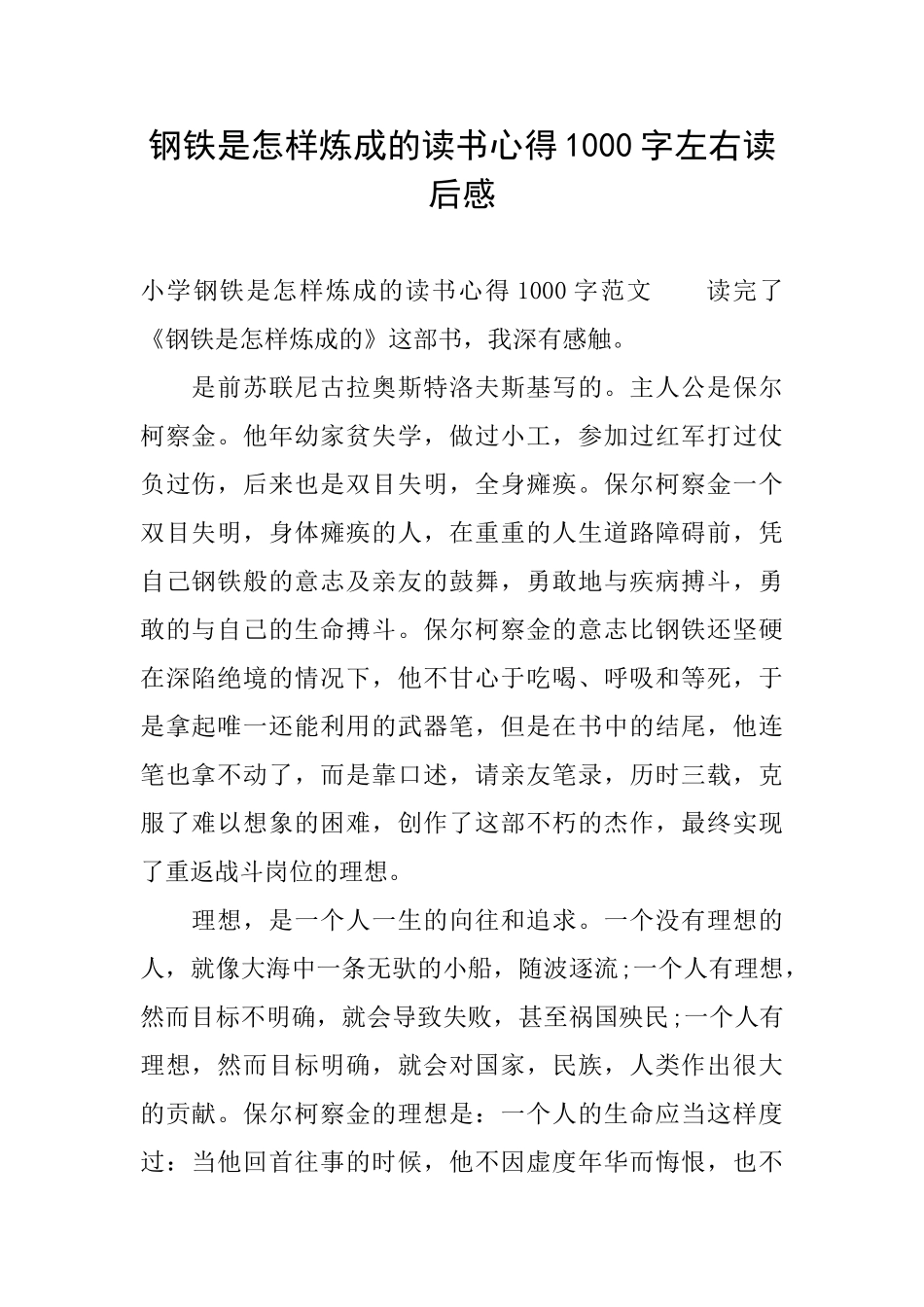 钢铁是怎样炼成的读书心得1000字左右读后感_第1页