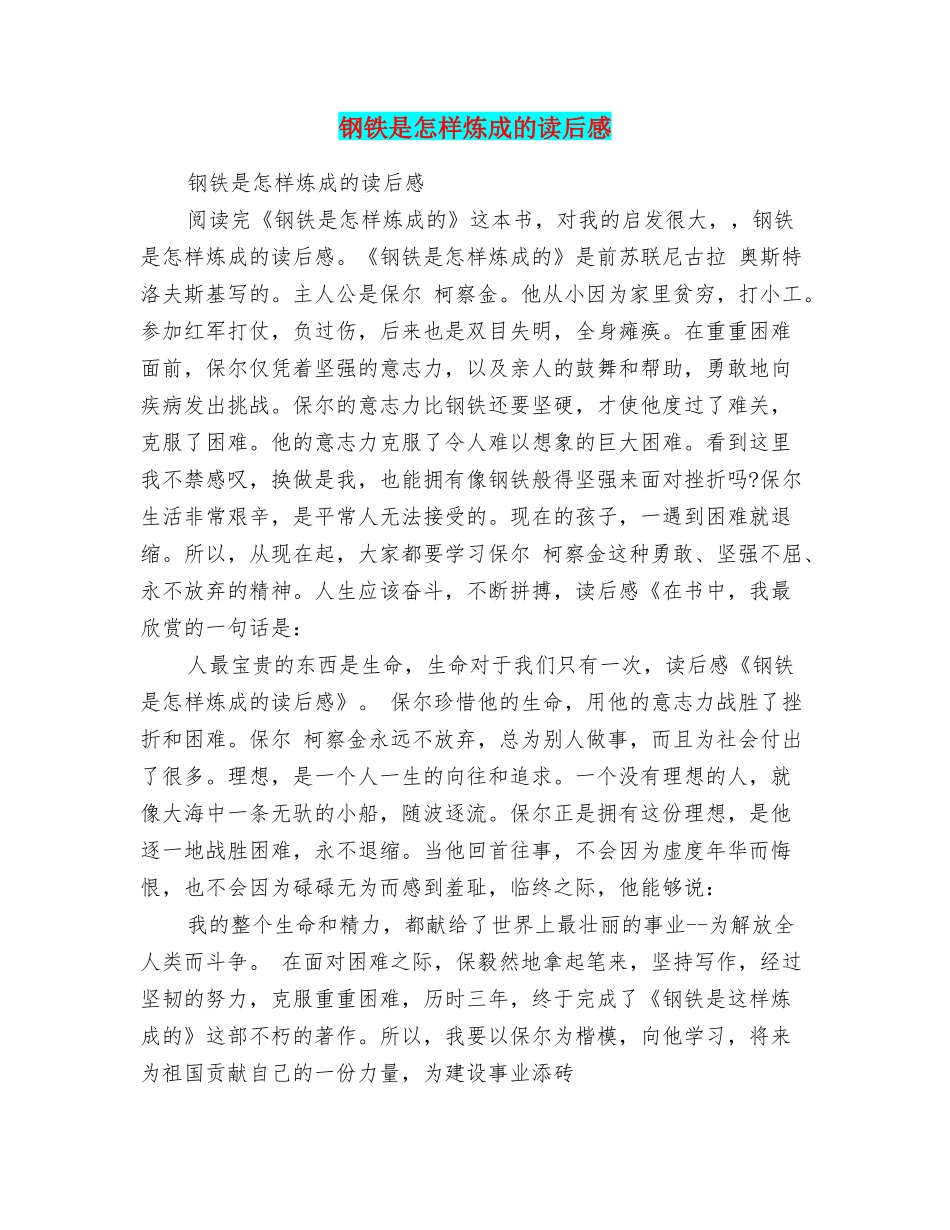 钢铁是怎样炼成的读后感_第1页