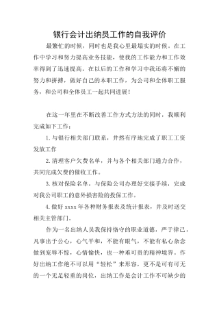 银行会计出纳员工作的自我评价