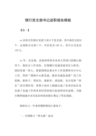 银行党支部书记述职报告模板