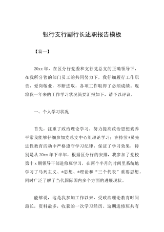 银行支行副行长述职报告模板
