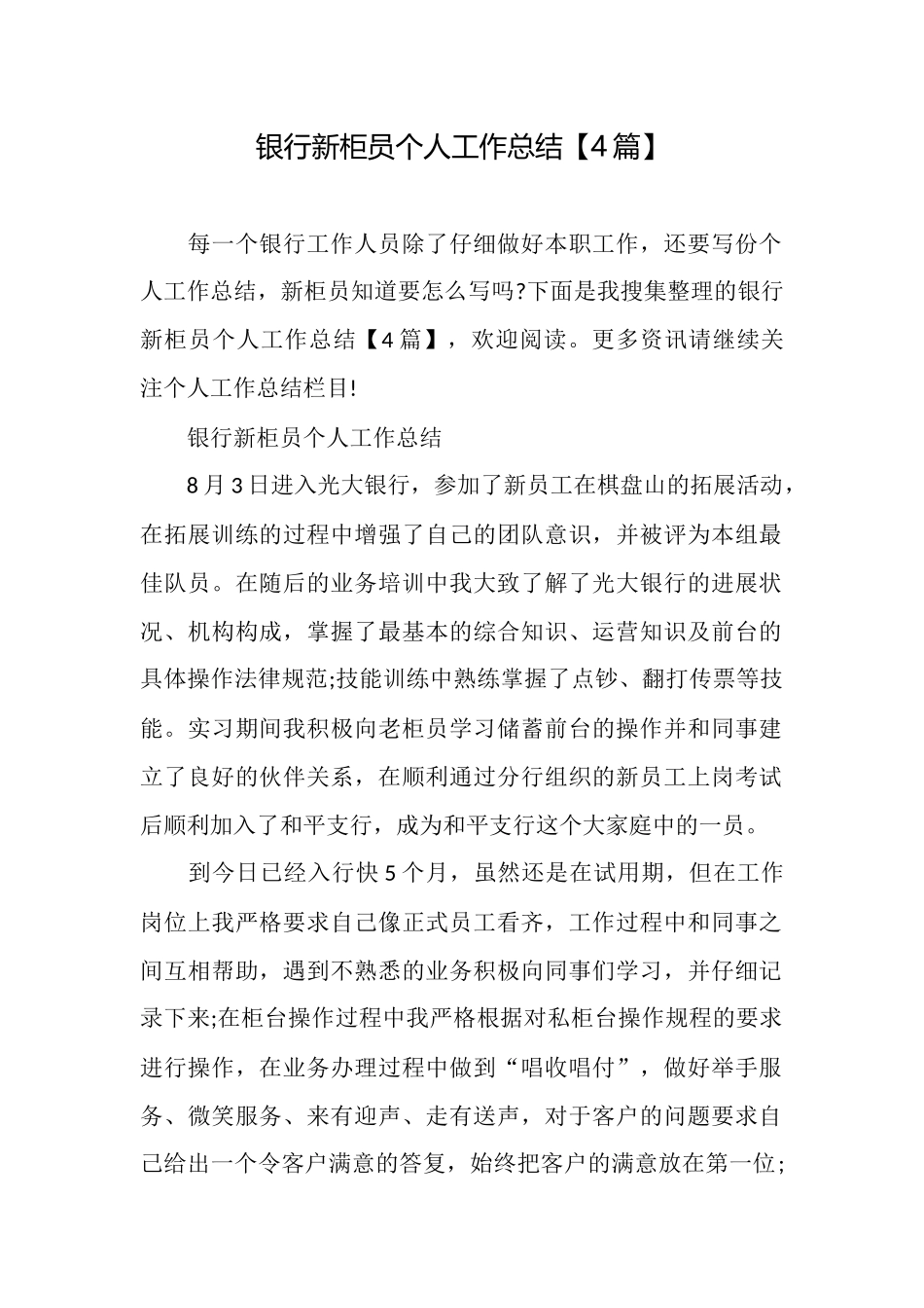 银行新柜员个人工作总结_第1页