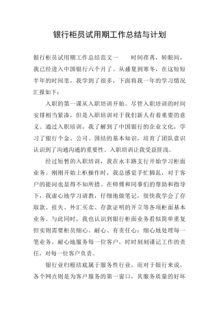 银行柜员试用期工作总结与计划