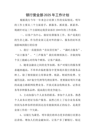 银行营业部2025年工作计划
