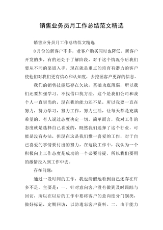 销售业务员月工作总结范文精选