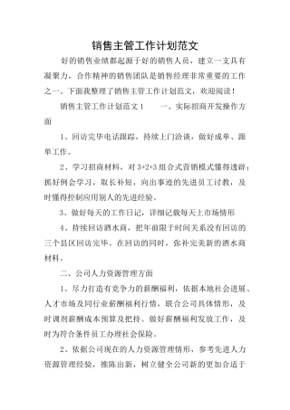 销售主管工作计划范文